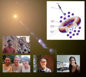 En la figura se observa la galaxia M87 emitiendo un jet de partículas relativistas, observado por el Telescopio Espacial Hubble. Inserto, se muestra un modelo de un agujero negro supermasivo, con un disco de acreción y un jet. Si el observador ve a este objeto a lo largo del jet, verá un blazar. Se incluyen fotos de los investigadores Marchesini, López, Cellone, Vieyro, Andruchow, Saponara y Reynaldi.