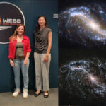 En la imagen, la Dra. María Jimena Rodríguez, entre David Thilker y Janice Lee, autores del trabajo. A la derecha arriba: imagen de la galaxia espiral barrada NGC 7496, obtenida por combinación de imágenes del JWST y del Telescopio Espacial Hubble. Derecha abajo: Imagen en luz infrarroja de la galaxia tomada por el Telescopio Espacial James Webb.