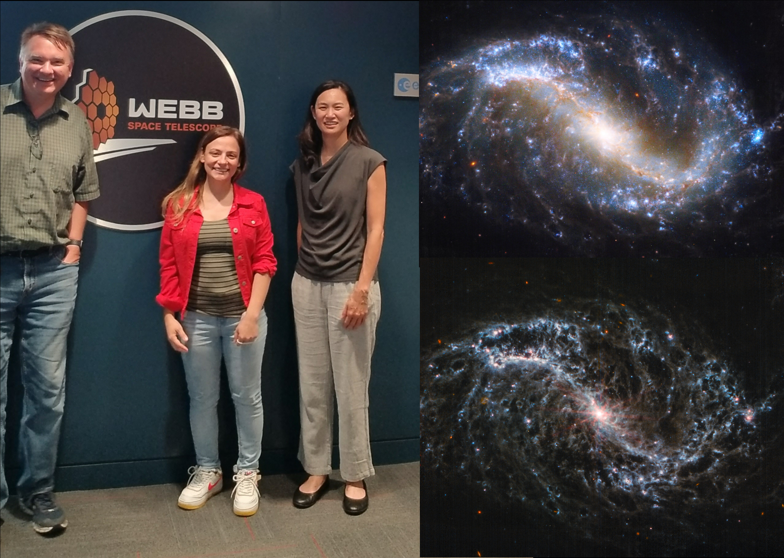 En la imagen, la Dra. María Jimena Rodríguez, entre David Thilker y Janice Lee, autores del trabajo. A la derecha arriba: imagen de la galaxia espiral barrada NGC 7496, obtenida por combinación de imágenes del JWST y del Telescopio Espacial Hubble. Derecha abajo: Imagen en luz infrarroja de la galaxia tomada por el Telescopio Espacial James Webb.