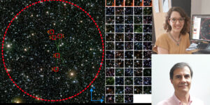 En la imagen se observa el campo de 6 minutos observado con el telescopio Gemini Sur, con indicaciones de las posiciones para las cuales se tomaron espectros de las galaxias remotas. A la derecha, se ubican los 58 candidatos a galaxias. Más a la izquierda, la Lic. Daniela Galdeano y el Dr. Gabriel Ferrero.